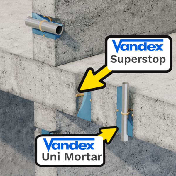 Demonstration image of Vandex's Uni Mortar and Superstop in use