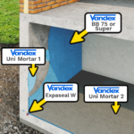 Demonstration image of Vandex products (Expaseal W, Uni Mortar 2 and Uni Mortar 1) in use